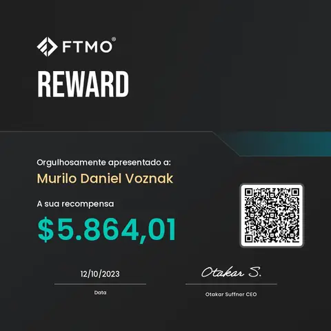 Certificado de saque emitido pela mesa FTMO, no valor de US$ 5.864,01, em 12/10/2023.